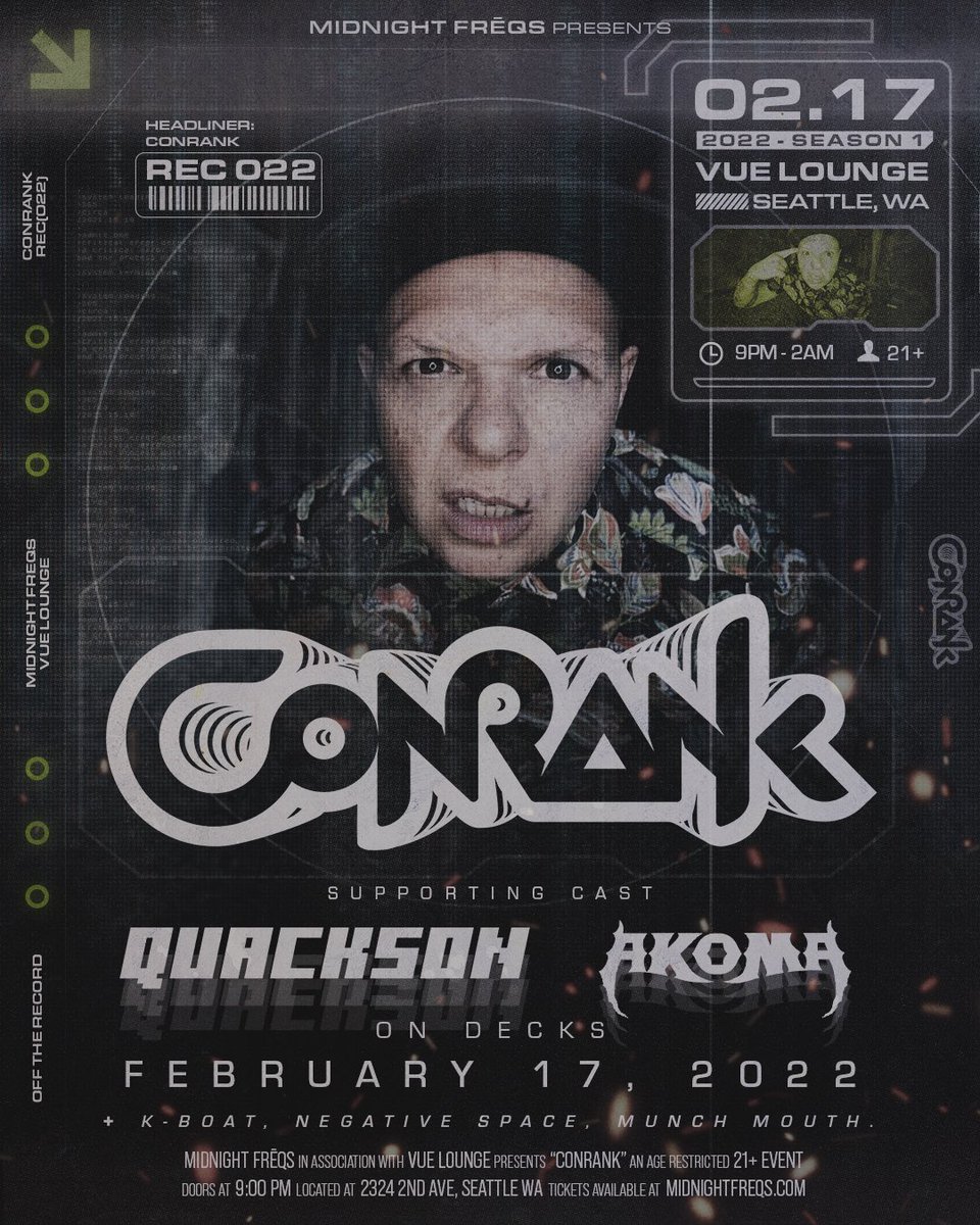 I’ve got one more Seattle show in the books for the foreseeable future, and I couldn’t be happier that it’ll be with <a href="/midnightfreqs/">Midnight Freqs</a> 🔥

2/17, direct support for the mad man <a href="/Conrank/">CONRANK</a> alongside the always killer @akomamusic 🦆

Tickets: bit.ly/Quackson-Midni…