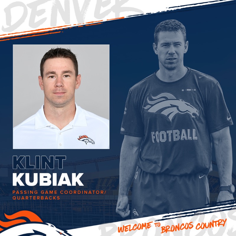Broncos's tweet photo. We’ve named Justin Outten as Offensive Coordinator, Butch Barry as Offensive Line Coach and Klint Kubiak as Passing Game Coordinator/QBs Coach.