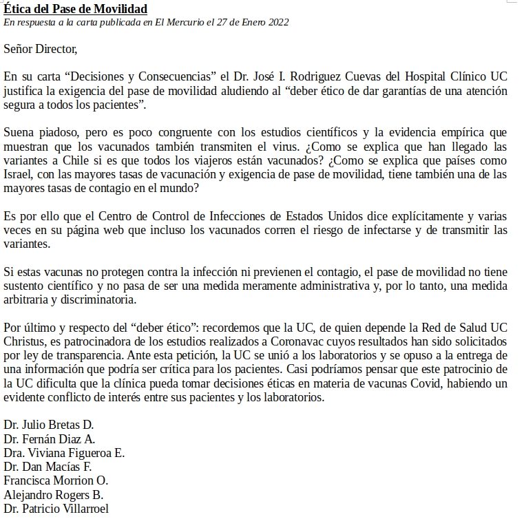 arb_palmilla's tweet photo. @Jou_Kaiser @Liberta69538469 No es solamente laboratorios y gobiernos, también academia y prensa. Llevo días tratando de publicar esta carta firmada por profesionales de la salud, sin resultado. Adjunto la carta...@despertarsano @patomeduchile https://t.co/uoieP6Whqr