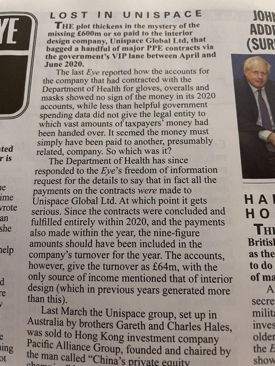 Katie_Cronin's tweet image. I won’t put the whole story on here because you should go out and buy a copy of Private Eye but this is jaw-dropping stuff. £600m of Government money paid to a private company for PPE is simply ‘missing’.
