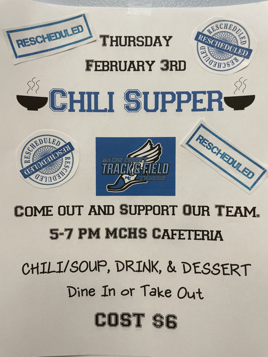macon_speed's tweet photo. Attention: Our Chili / Soup Supper has been rescheduled. Check out the flyer to see the updated information. Please come out and support the Track / Basketball Teams. 🔵🐅⚪️ https://t.co/Q7o4Hk6z3C