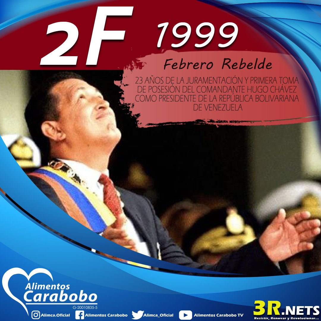 Alimca_Oficial's tweet photo. Un día como hoy #02Feb del #Año1999 hace 23 Años, el Comandante Hugo Chávez Frías se juramento, tomó posesión por primera vez de la Presidencia de la República Bolivariana de Venezuela e inició la refundacion de la Patria... #GiganteChavez #FebreroRebelde @NicolasMaduro
@Maby80 https://t.co/iWPln0NtRL
