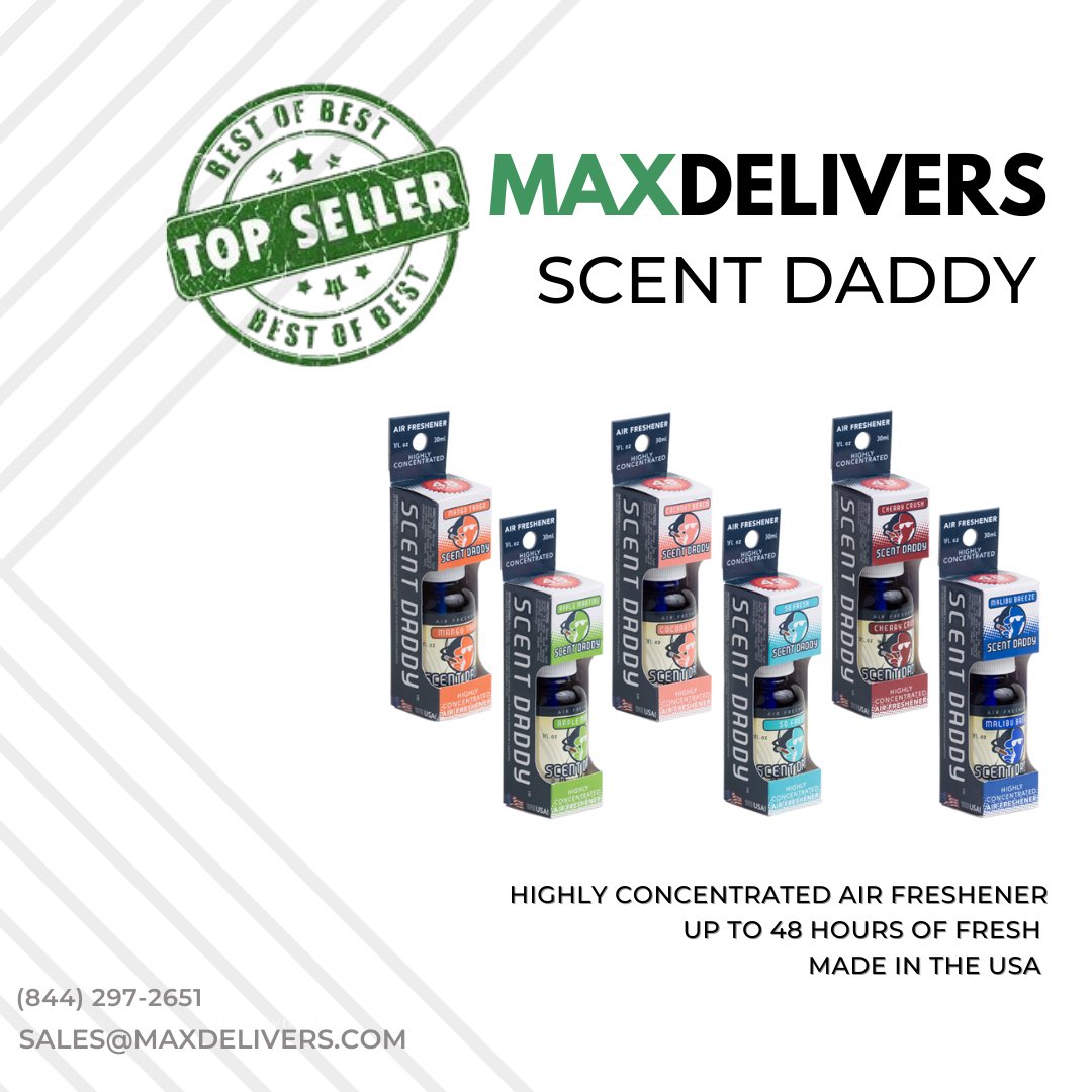MaxDistributing's tweet image. Scent Daddy is a HIGHLY requested and concentrated air freshener that produces up to 48 hours of fresh! 

Made in the USA and come in the following Scents:
Mango Tango
Malibu Breeze 
Cherry Crush
Apple Martini 
Coconut Beach 
So Fresh 

Sales@maxdelivers.com
(844) 297-2651