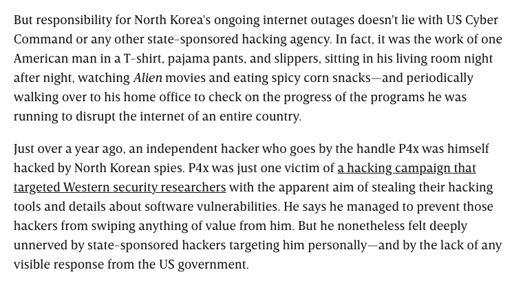 Incredible story: North Korean spies hacked an American security researcher, so as revenge he's been quietly taking down the North Korean internet, as a little volunteer side project wired.com/story/north-ko…