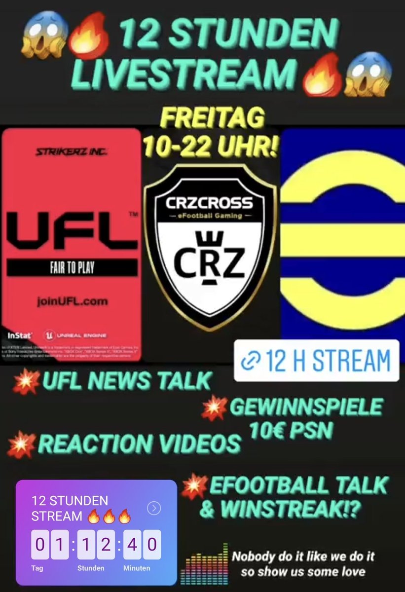 Freitag gibt's endlich den versprochenen 
💥12 STUNDEN STREAM💥
Wer ist mit mir die volle Zeit dabei? 🤔 😅 
Das wird hart aber auch jede Menge Spaß machen, da bin ich mir sicher! 
😳🥵🤪😂🤣😅 
Ich freu mich CRZCROSSARMY! 🙌 
#ufl #live #eFootball2022 
▶️ twitch.tv/crzcross