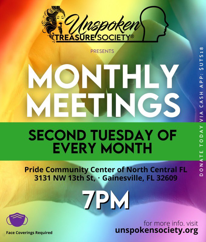 Join Unspoken Treasure for our monthly meeting this Tuesday 2/8 at 7pm for an open house for the community. It will be held at the Pride Community Center of North Central Florida and face coverings are required. For more information, please visit, unspokensociety.org.
