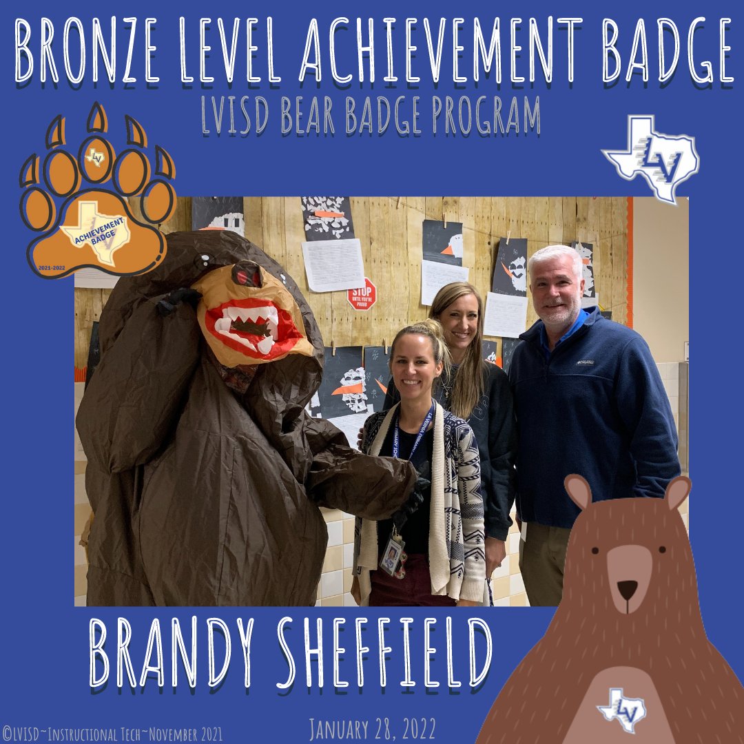 LVCurriculum's tweet photo. Congratulations to Brandy Sheffield who earned her Bronze Bear Badge!! Thank you for all of your hard work and efforts. @LVCurriculum @supt_lvisd @lvisdprimary @LaVerniaISD #Bearbadging #Professional Learning https://t.co/3JyS93NnSh