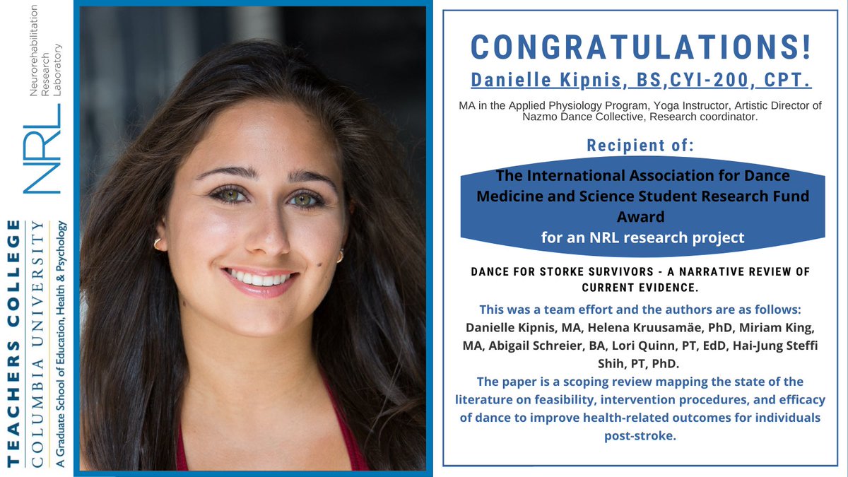 Congratulations “Dance for Stroke” Team! 👏
 <a href="/HiSteffiPT/">Steffi Shih, PT, PhD</a> <a href="/LoriQuinnNY/">Lori Quinn</a> <a href="/ar_schreier/">Abigail Schreier</a> #Twitter #Science #SCIENTIST #AcademicTwitter #AcademicChatter #stroke