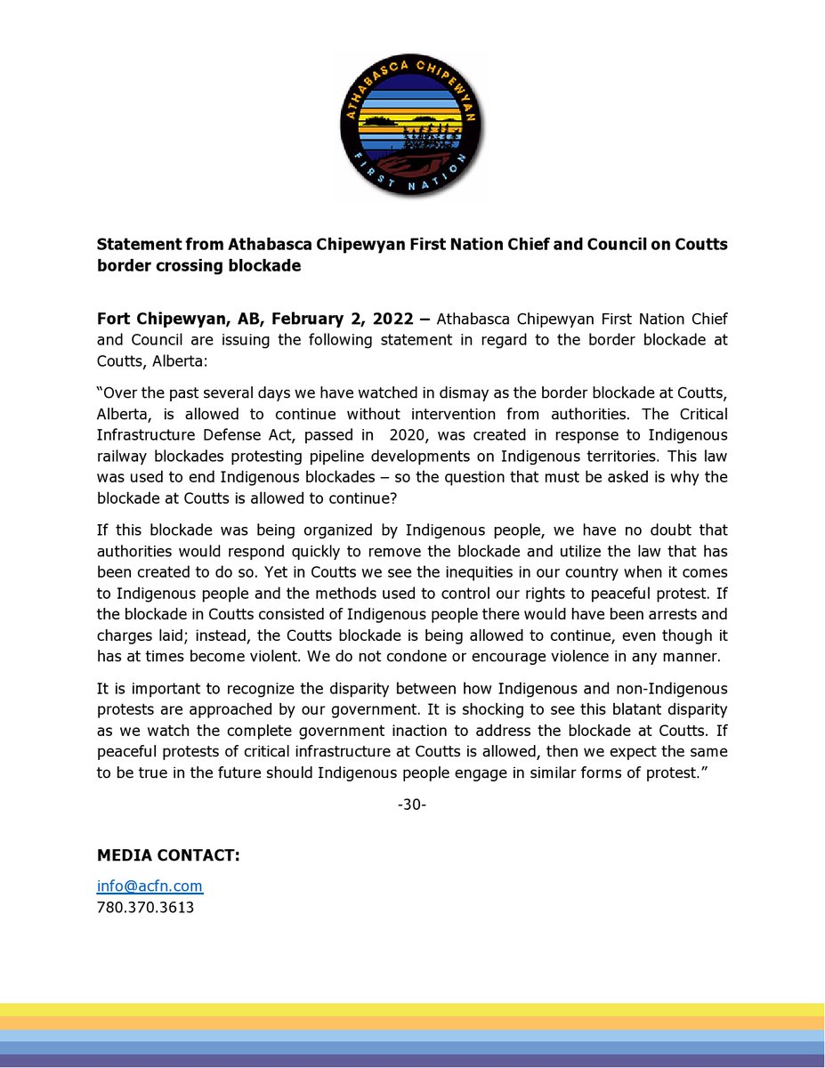Statement from Athabasca Chipewyan First Nation Chief and Council on Coutts border crossing blockade #abpoli #couttsblockade #coutts