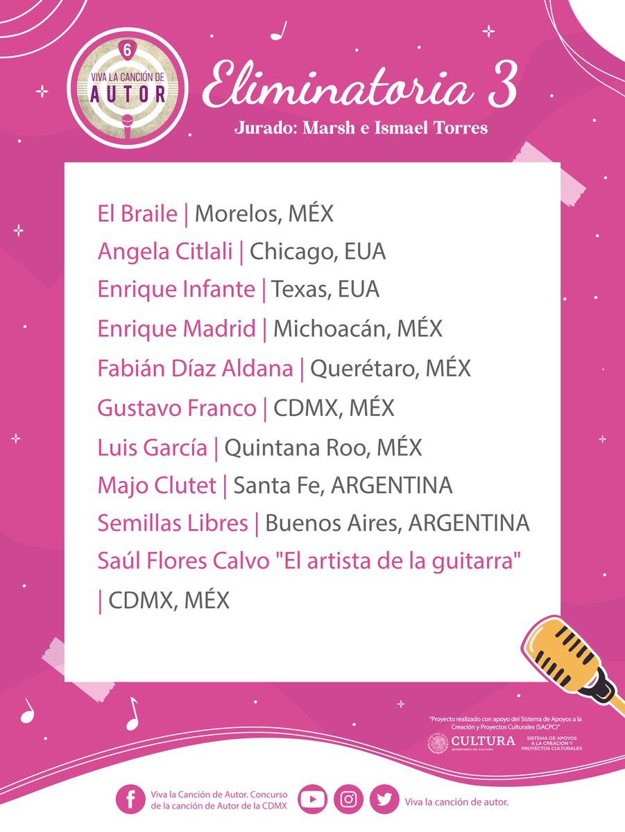 Agradecemos a nuestros jurados y a los 31 #cantautores y #cantautoras de MÉXICO, ARGENTINA, EUA, ECUADOR Y CUBA que formaron parte de nuestra 6° edición 2022 de #Vivalacanciondeautor

*Proyecto realizado con apoyo de <a href="/SistemaCreacion/">Sistema de Apoyos a la Creación</a> 

#musicos #cantante #trovador #trovadora