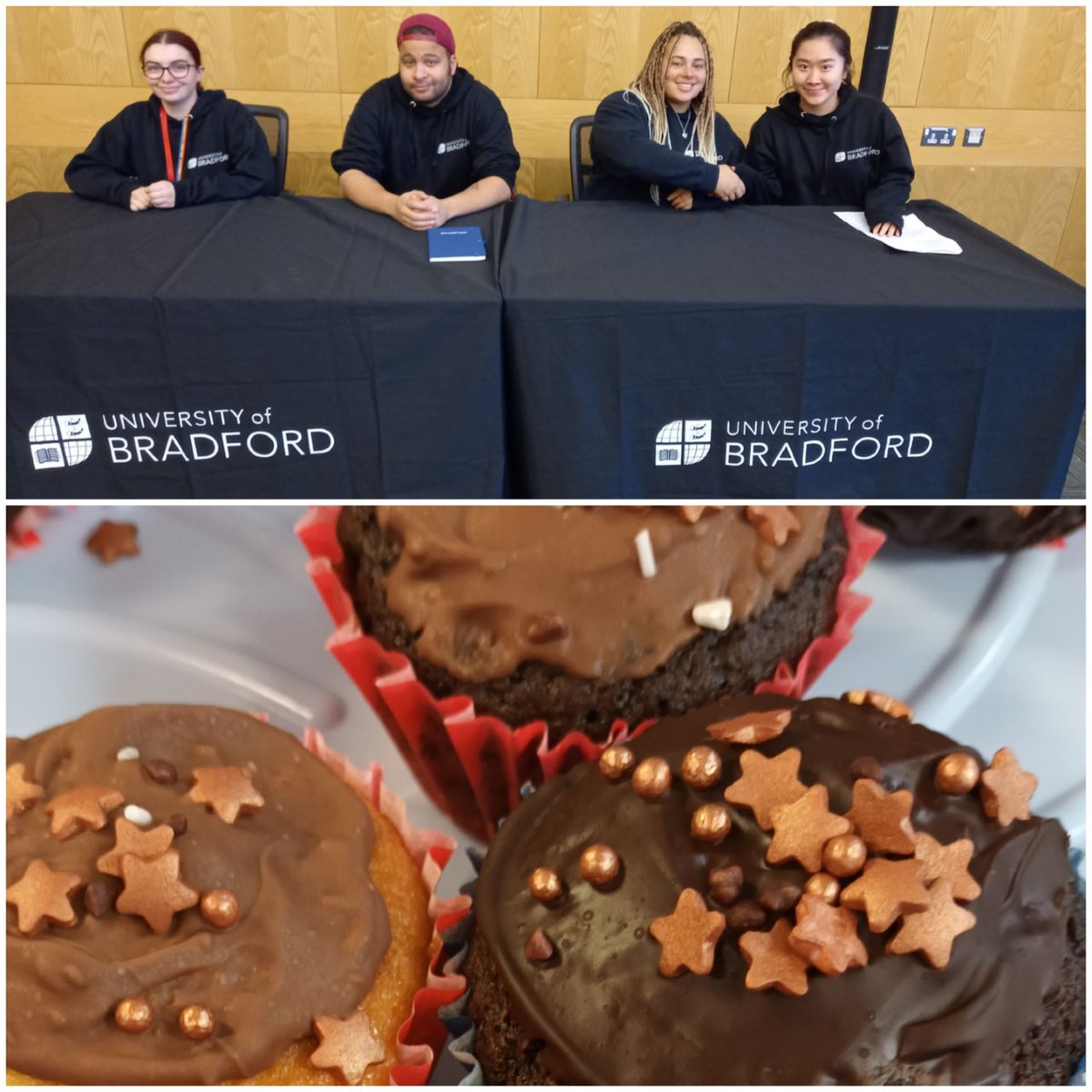 UniBradOutreach's tweet photo. Today was our first Applicant Experience Day for our 2022 entry students, lovely to welcome applicants &amp; their guests to campus. Our fantastic Ambassadors were great hosts &amp; we had some treats that @chelsearedshaw baked for Caroline, Tom &amp; Paula who all have January birthdays. https://t.co/csuE5S2vZh