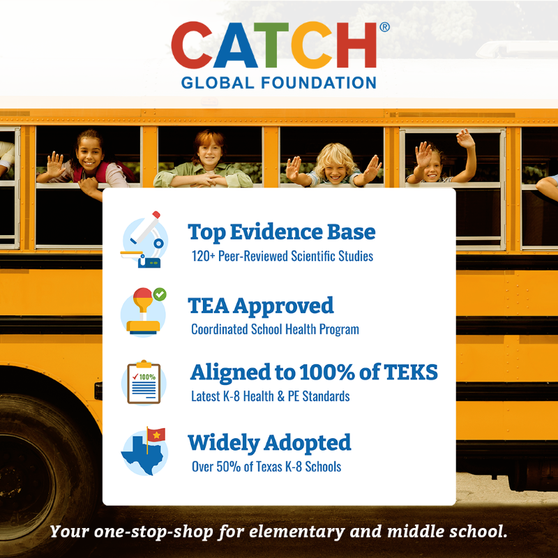 CATCHhealth's tweet photo. CATCH is proud to be the only #Texas Education Agency-approved Coordinated School Health program that ALSO meets 100% of the K-8 Health and #PhysEd TEKS, making our unique whole child programs the only one-stop-shop for elementary and middle schools. https://t.co/BiazGsmAMt