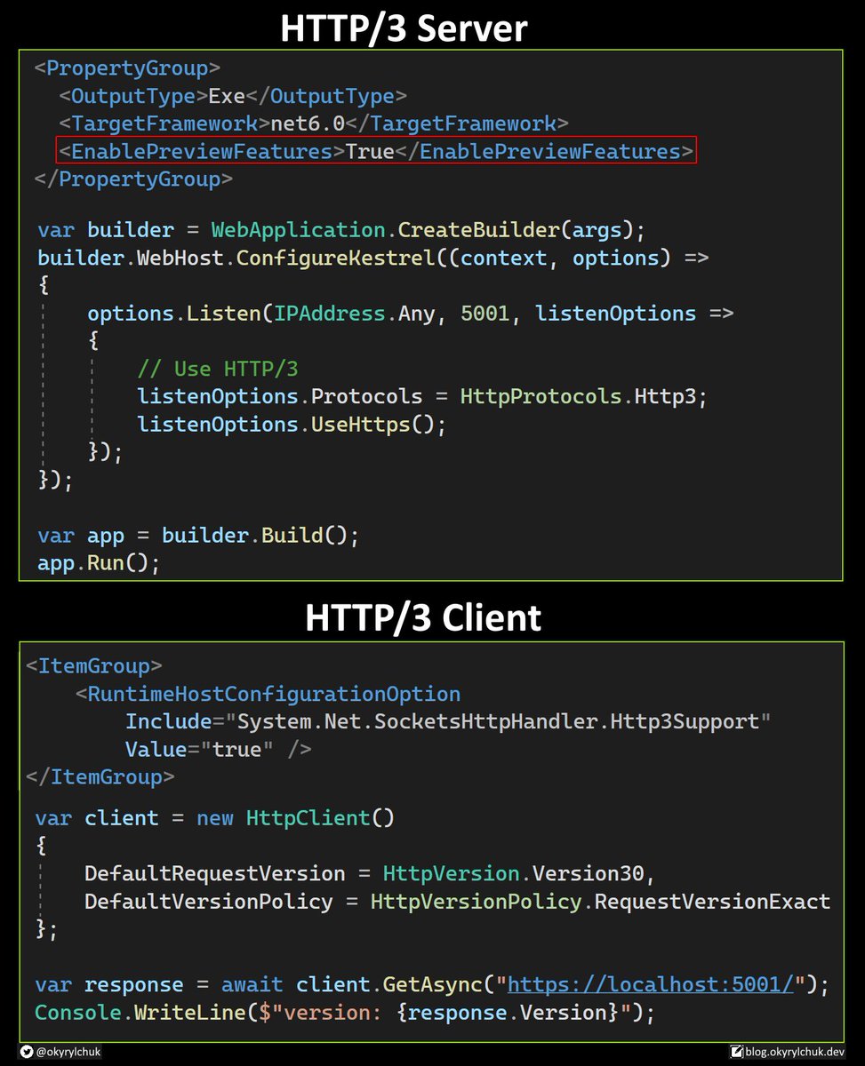 okyrylchuk's tweet image. .NET 6 includes preview support for HTTP/3 (not Web3).

HTTP/3 uses a new connection protocol QUIC.

/1
#dotnet6 #devcommunity