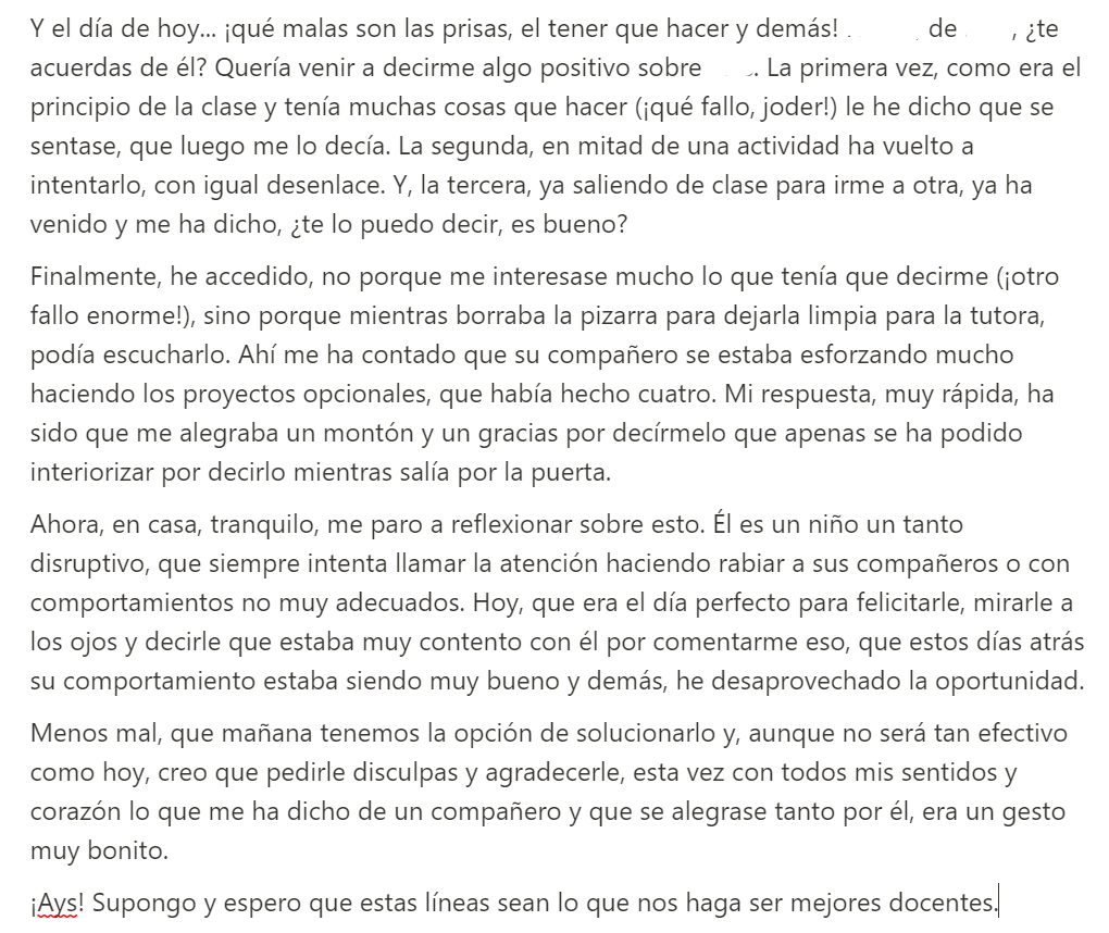 Os comparto esto de mi yo más personal por:

1️⃣ Para reconocer los errores. Los profes nos equivocamos. Mucho. Pero a veces echo en falta algo de autocrítica

2️⃣ Porque creo que el hecho de reflexionar y plasmarlo nos hace mejores docentes

Cada día lo hago en casa ⬇