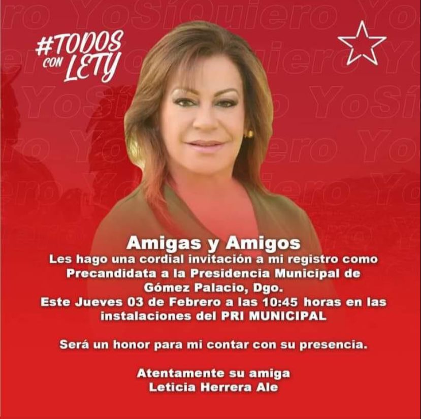 Luis_TV10's tweet photo. La postulación de @LetyHerreraAle a la alcaldía de Gómez Palacio, Dgo., por parte de la Alianza "Va por Durango", representa un fuerte revés para las aspiraciones de @MarinaVitelaGP a la gubernatura de #Durango, debido al capital político de la empresaria de filiación priista https://t.co/MFYnEJ3Di6
