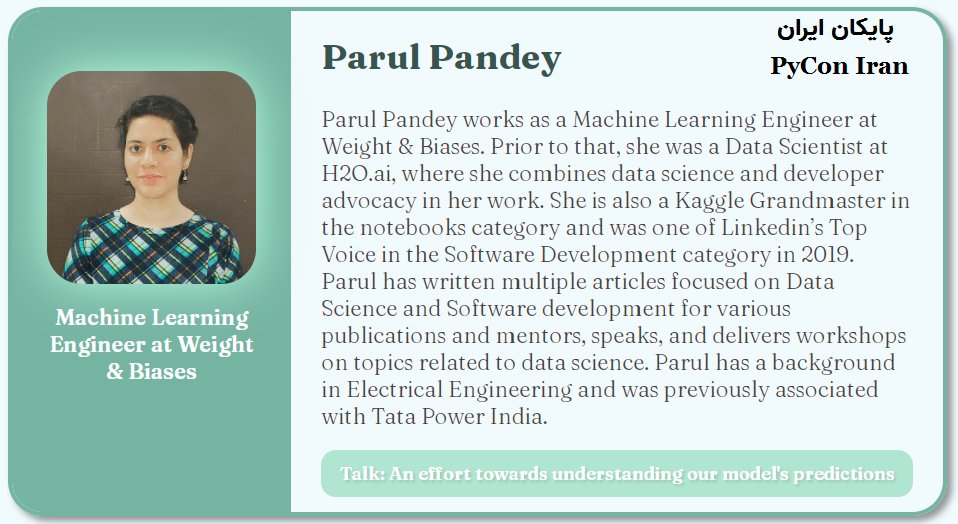 pyconir's tweet photo. >>>> Parul Pandey @pandeyparul
Parul is a Machine Learning Engineer at Weight & Biases. She will talk about "An effort towards understanding our model's predictions."
More Info: https://t.co/VoCy2qeelw
#PyconIR #ML #AI #Python https://t.co/Ahkh2gs7VC