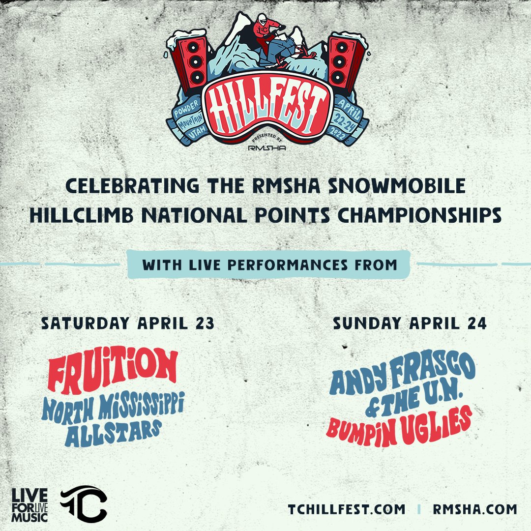 HillFest!!! April 22-24, 2022. Lineup has arrived....
<a href="/andyfrasco/">andyfrasco</a> <a href="/fruitionpdx/">Fruition✨</a> <a href="/nmallstars/">North Mississippi Allstars</a> <a href="/BumpinUglies/">Bumpin Uglies</a> <a href="/triplecrownspts/">Triple Crown Sports</a> <a href="/PowMow/">PowMow</a> <a href="/RACERMSHA/">RMSHA</a> #snowmobile #wintersports #livemusic