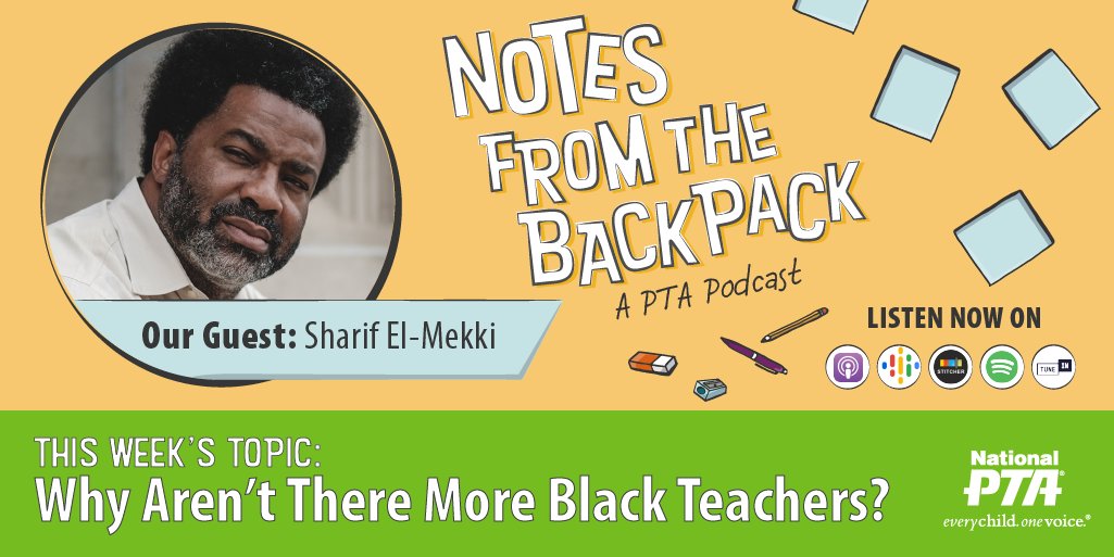 BradWaller's tweet image. Why aren’t there more Black teachers and what can we do about it? Learn from @CenterBlackEd founder, @SelMekki about efforts to develop a Black teacher pipeline. Tune to @NationalPTA #BackpackNotes at pta.org/PodcastEp52 or wherever you listen to podcasts! #BlackHistoryMonth