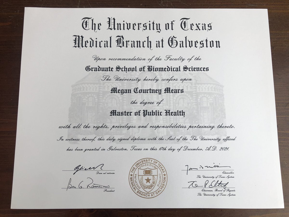 MMears_'s tweet image. I got a little surprise in the mail today 🎓 It’s so exciting to see this in person! Feeling so thankful for getting to be part of such an amazing program @UTMB_PrevMed the past few years. 🥰