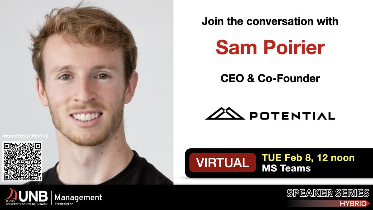 International Business & Entrepreneurship Centre (@unbibec) on Twitter photo We are thrilled to welcome <a href="/SamPoirier9/">Sam Poirier</a> #CEO & Co-Founder of <a href="/PotentialMotors/">Potential</a> to the <a href="/UNBmanagement/">UNB Faculty of Management</a> Speaker Series! Sam will talk through the #founding of Potential from <a href="/UNBTME/">UNB's J Herbert Smith Centre for TME</a> class up to today & the hurdles in between.
bit.ly/3ggyFao
<a href="/UNBEngineering/">UNB Engineering</a> <a href="/unbalumni/">UNB Alumni</a> We are thrilled to welcome <a href="/SamPoirier9/">Sam Poirier</a> #CEO & Co-Founder of <a href="/PotentialMotors/">Potential</a> to the <a href="/UNBmanagement/">UNB Faculty of Management</a> Speaker Series! Sam will talk through the #founding of Potential from <a href="/UNBTME/">UNB's J Herbert Smith Centre for TME</a> class up to today & the hurdles in between.
bit.ly/3ggyFao
<a href="/UNBEngineering/">UNB Engineering</a> <a href="/unbalumni/">UNB Alumni</a>