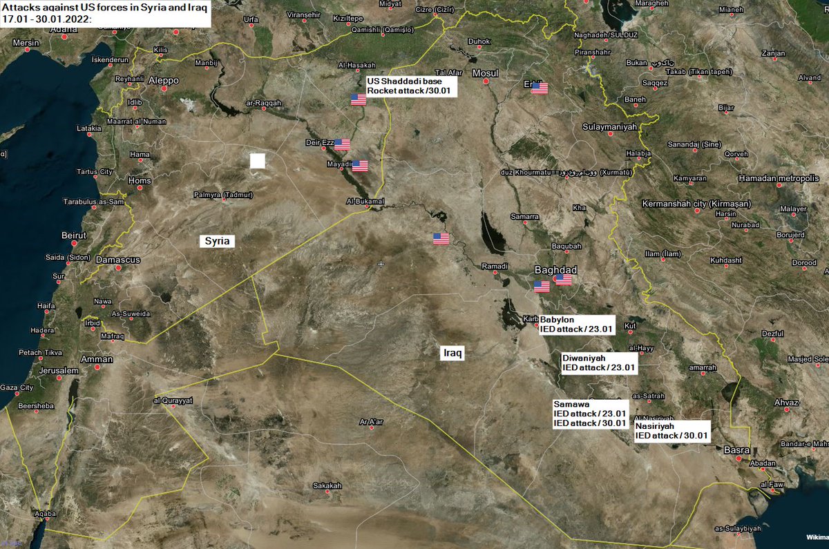 #Syria / #Iraq / 17.01 - 30.01.2022: 
Resistance forces have carried out 5 IED attacks on #US convoys in Iraq, as well as a rocket attack on #US Shaddadi base in Syria
V @Mahyar3138 + @Suribelle1