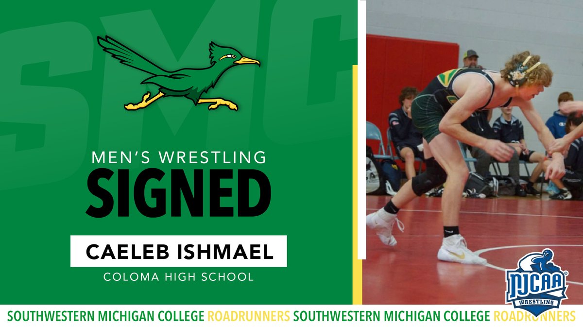 SMC Roadrunner signed graphics on the left and action pic of Caeleb Ishmael on the mat on the right