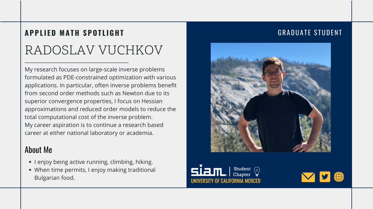ucmSIAM's tweet photo. This week’s spotlight is Radoslav Vuchkov! Check out his research and hobbies below🌲🍃 https://t.co/buhKHnqxb7