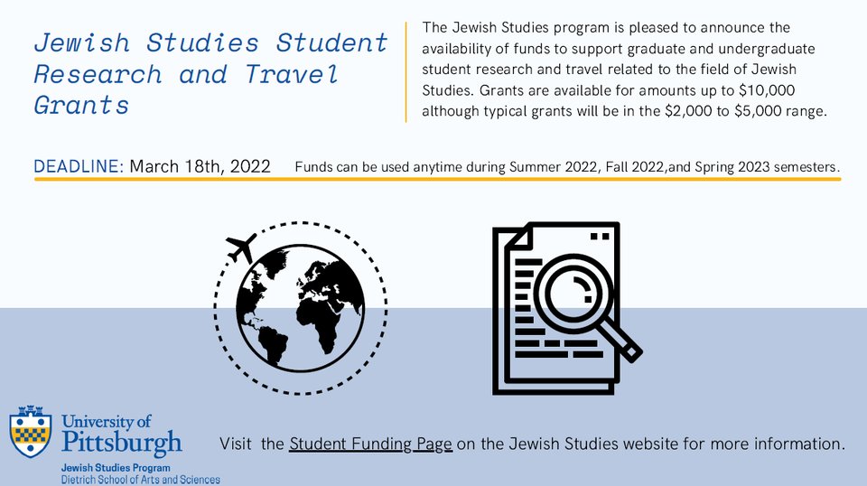 PittJSP's tweet image. Pitt Jewish Studies Students: Interested in doing research in Jewish studies? Consider applying for a Halpern/Gilboa grant to fund your Jewish studies projects!
Check out the flyer for more details or visit jewishstudies.pitt.edu/students/fundi…