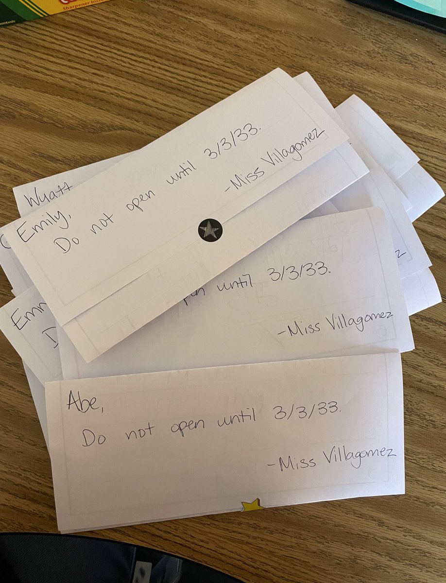 _MsVillagomez's tweet photo. On today’s date of 2/2/22, my little first graders wrote letters to their future selves. On 3/3/33, they will be seniors in high school and get to read what questions and thoughts they have about their life 11 years later. Perfect way to end our letter writing unit! https://t.co/VEJkhwsvHR