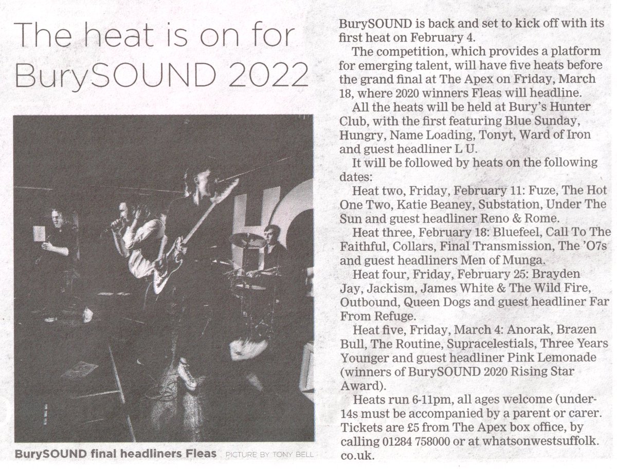 HUGE thanks to @debbierodman for her lovely preview of BurySOUND 2020 in this week's @buryfree! Heat 1 is THIS FRIDAY, 4th Feb at @HunterClubBSE w/#BlueSunday #Hungry @NameLoading_ #Tonyt #WardOfIron 6pm, all ages, tix £5 via @WhatsOnWSuffolk: whatsonwestsuffolk.co.uk