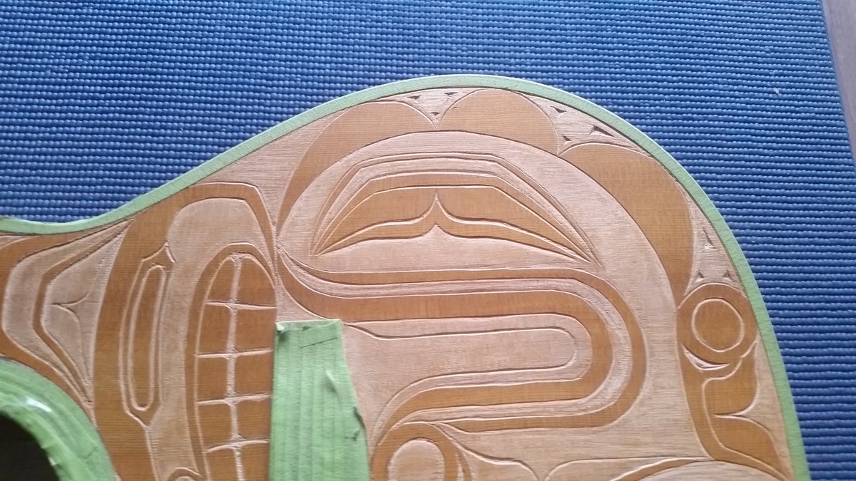 DOC604's tweet photo. Today's #acousticguitar #carving update : the #guitar #sprucetop is pretty much done but the #maple #laminate back is taking a bit longer BUT is teaching me a lot. Its almost time for some new #carvingTools. #NativeDesign #FirstNations #traditionalart #Formline #acoustic #guitar https://t.co/z8TgC49Xfq