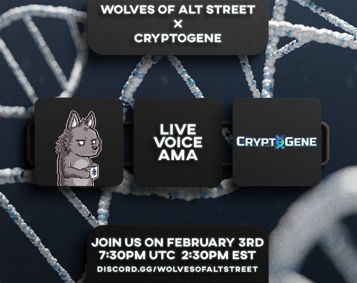 WolvesAltStreet's tweet image. 🚀Live Voice AMA with @CryptoGeneNFT 

CryptoGene is a play-to-earn web3 game in which players genetically engineer creatures called Kymera.

🗓️February 3rd, 
⌛️7.30 PM UTC, 2.30 PM EST
🐺discord.gg/wolvesofaltstr…

$100+ AMA rewards, see you tomorrow!
#Bitcoin #NFTCommunity