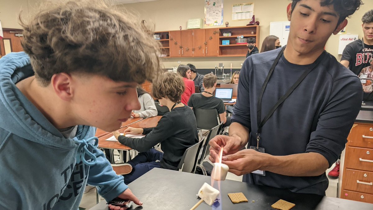 PorterSpartans's tweet photo. Mrs. Strouse's Chemistry classes had a great time making s'mores in the lab yesterday and today! #PHS_Spartans #NCISD https://t.co/1YfBf8Xg86