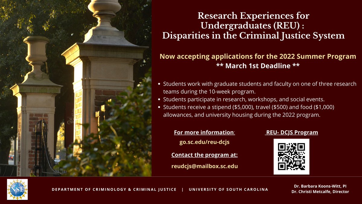 UofSC_Crim's tweet photo. We are excited to be accepting applications from undergraduate students for our second year of the #NIJ funded REU program, which examines disparities in the #CJsystem. See below for more details and please share widely!
#crimtwitter #criminology #criminaljustice https://t.co/y9Jj6n89e0