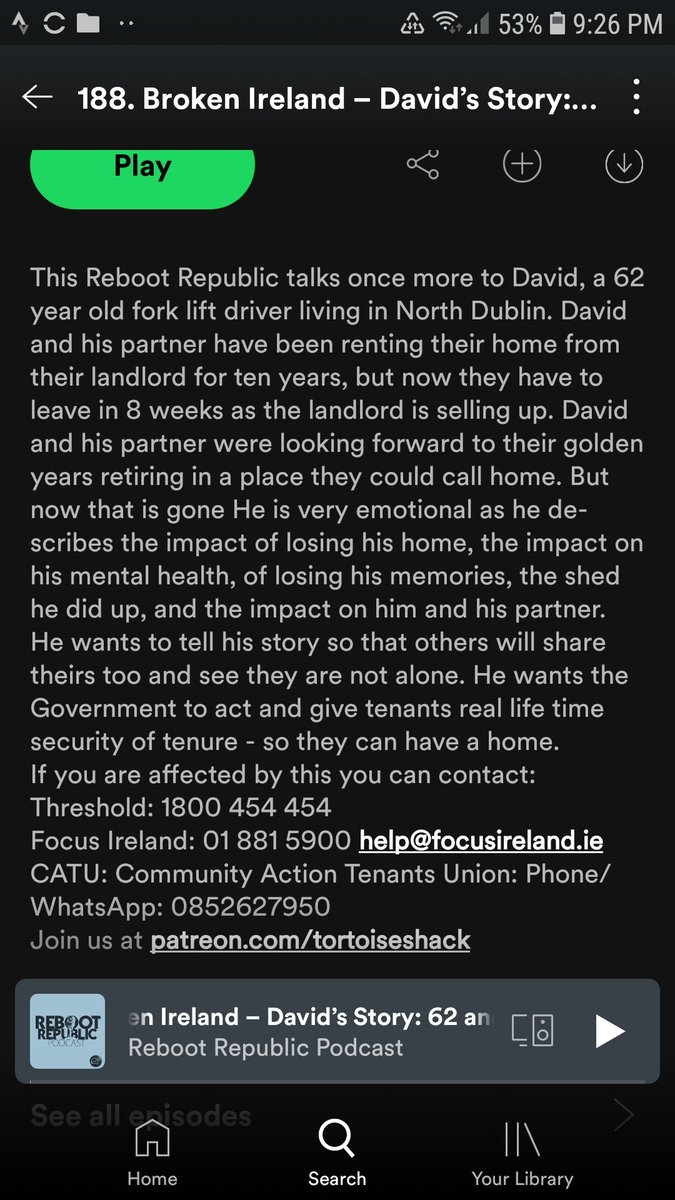 Heartbroken listening to David, 62 yr old forklift driver in North Dublin who, with his partner, being evicted from their rented home in 8 weeks. They were looking forward to their golden years retiring in a place they could call home. Listen <a href="/RebootPod/">Reboot Republic</a> 
open.spotify.com/episode/0gloD0…