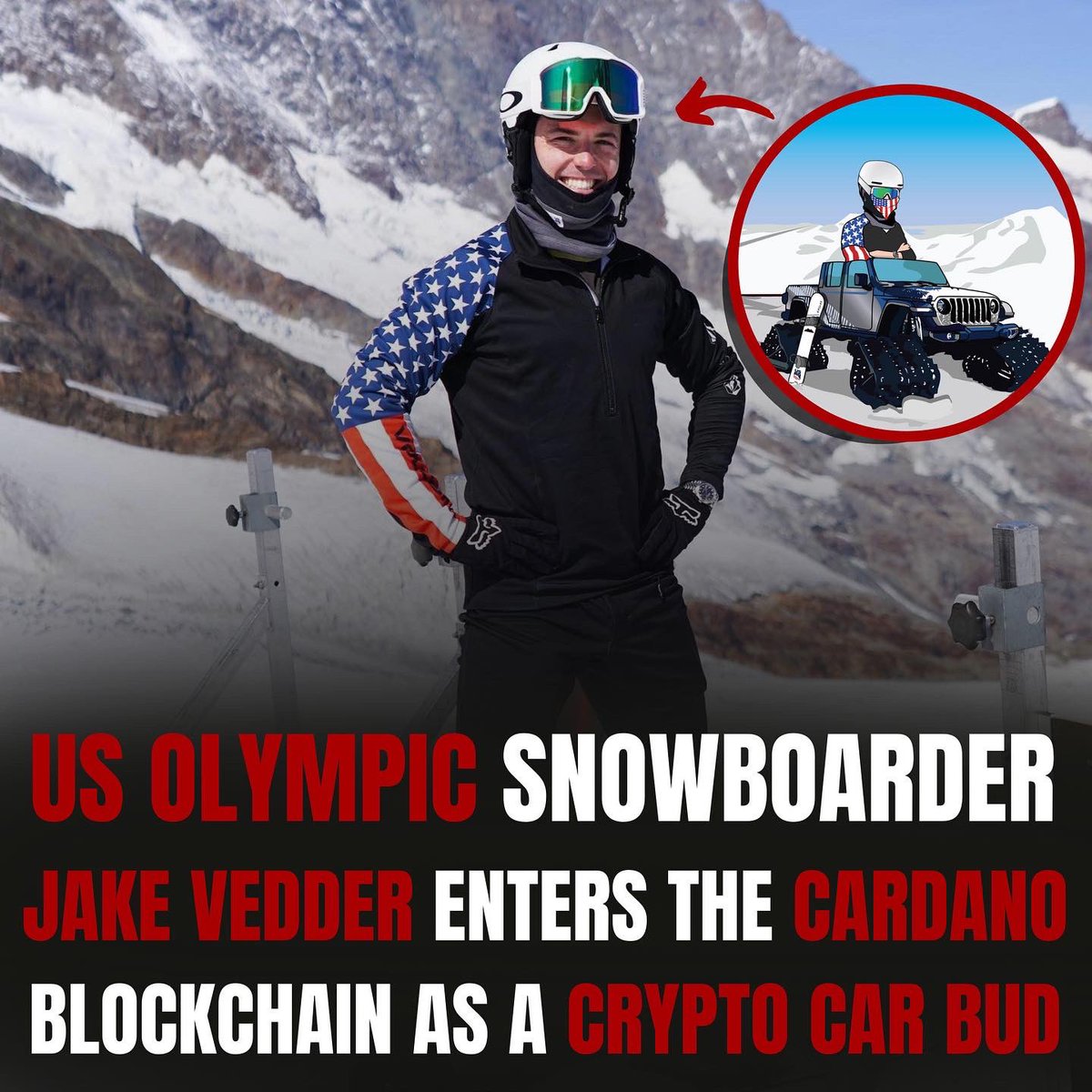 carbudz's tweet photo. US #Olympic #Snowboarder @jakevedder is now officially a Crypto Car Bud! 
We worked closely with Jake to create a one-of-a-kind Bud just for him! 
From his custom ride, snowboard, watch , to his hometown slopes of mt.brighton in the background, this Bud is truly unique! https://t.co/TJUUGe65WD