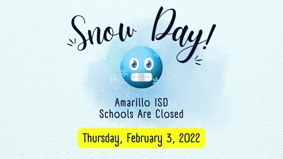 AmarilloISD's tweet image. For our students who must wait for buses or walk even short distances to school, the expected wind chill of -1 on Thursday morning is simply dangerous. It is not expected to get warmer during the day. Therefore, Amarillo ISD schools will be closed on Thursday, February 3.