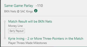 Sunnybets's tweet image. 1U kyrie over 1.5 three's + Nets ML (-110)