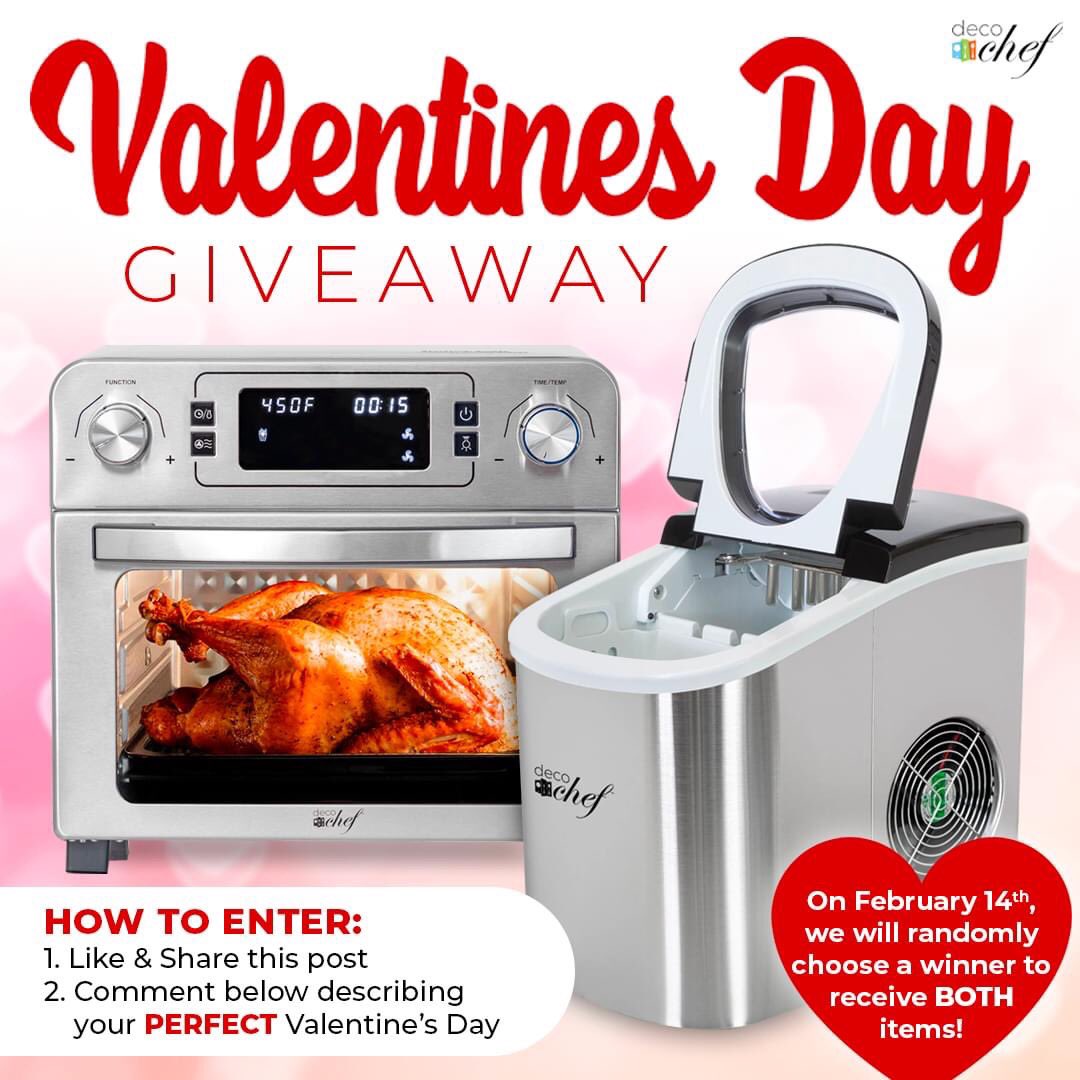 BUYDIG's tweet photo. ❤️ VALENTINE'S DAY GIVEAWAY! ❤️ - Win Our Deco Chef Toaster Oven &amp; Deco Chef Countertop Ice Maker

How To Enter:
1. LIKE &amp; RETWEET
2. Comment below with your PERFECT Valentine's Day

Winner selected on 2/14/22. Must be in the US to enter.

#valentinesday #romanticdate https://t.co/SMeurZPNsn