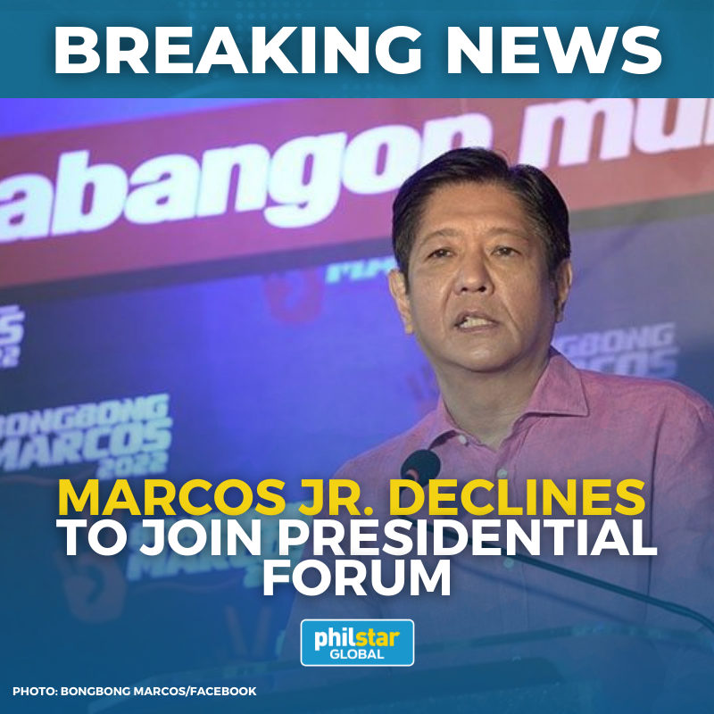 PhilstarNews's tweet photo. JUST IN: Presidential candidate Bongbong Marcos Jr. declined the invitation for tomorrow's presidential candidates forum due to "conflict in schedule," Kapisanan ng mga Brodkaster ng Pilipinas President Herman Basbaño said on TeleRadyo. https://t.co/1pas3vUY2b
