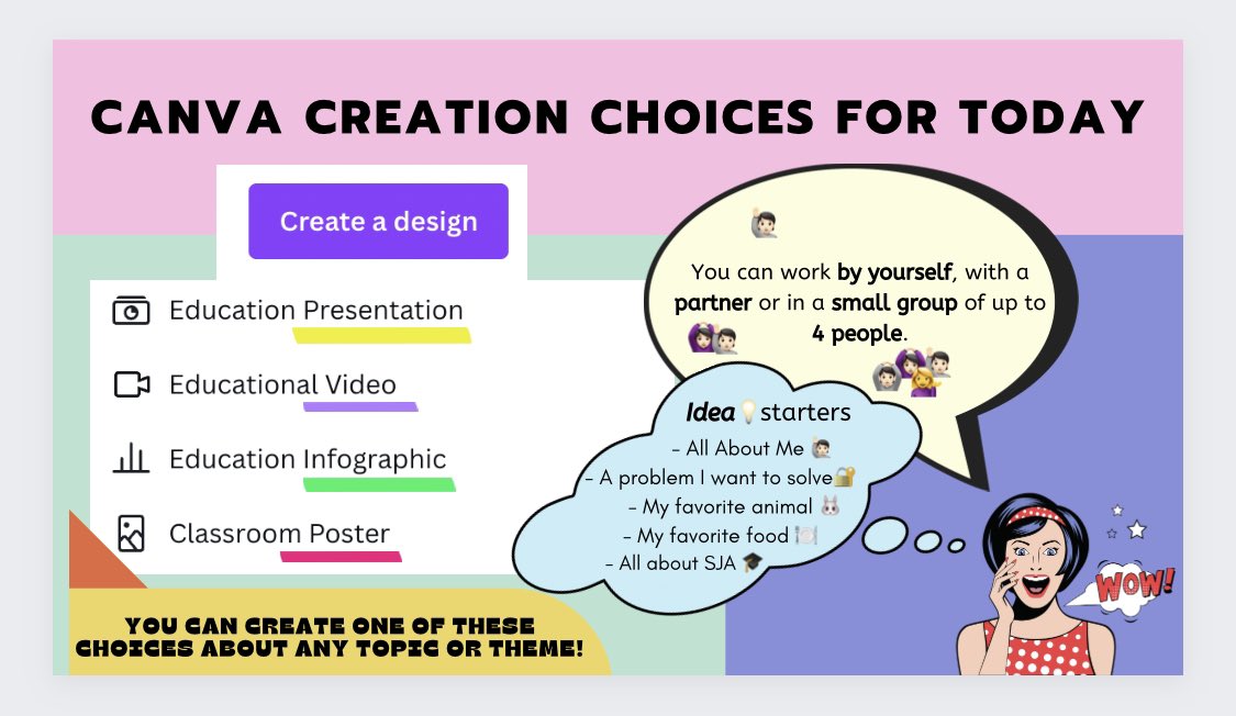 I reflected on a lesson where Ss had a choice of any topic to start practising Creating in <a href="/canva/">Canva</a>. This was too broad for some Ss who struggled to get started, so for next time I have implemented more guidance that offers some Idea💡starters also <a href="/leeannjung/">Lee Ann Jung</a> <a href="/SJA_Jeju/">SJA Jeju</a> #UDL