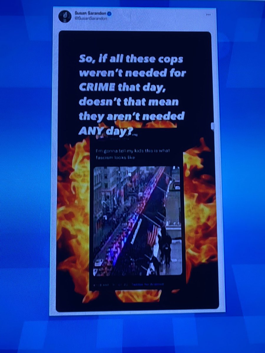 suseparka's tweet photo. @SusanSarandon LOL delete your tweet but it still sticks with you. You’re a disgrace. An officer lost his life. Show some respect. Thanks. https://t.co/1Ax3BjPEOd