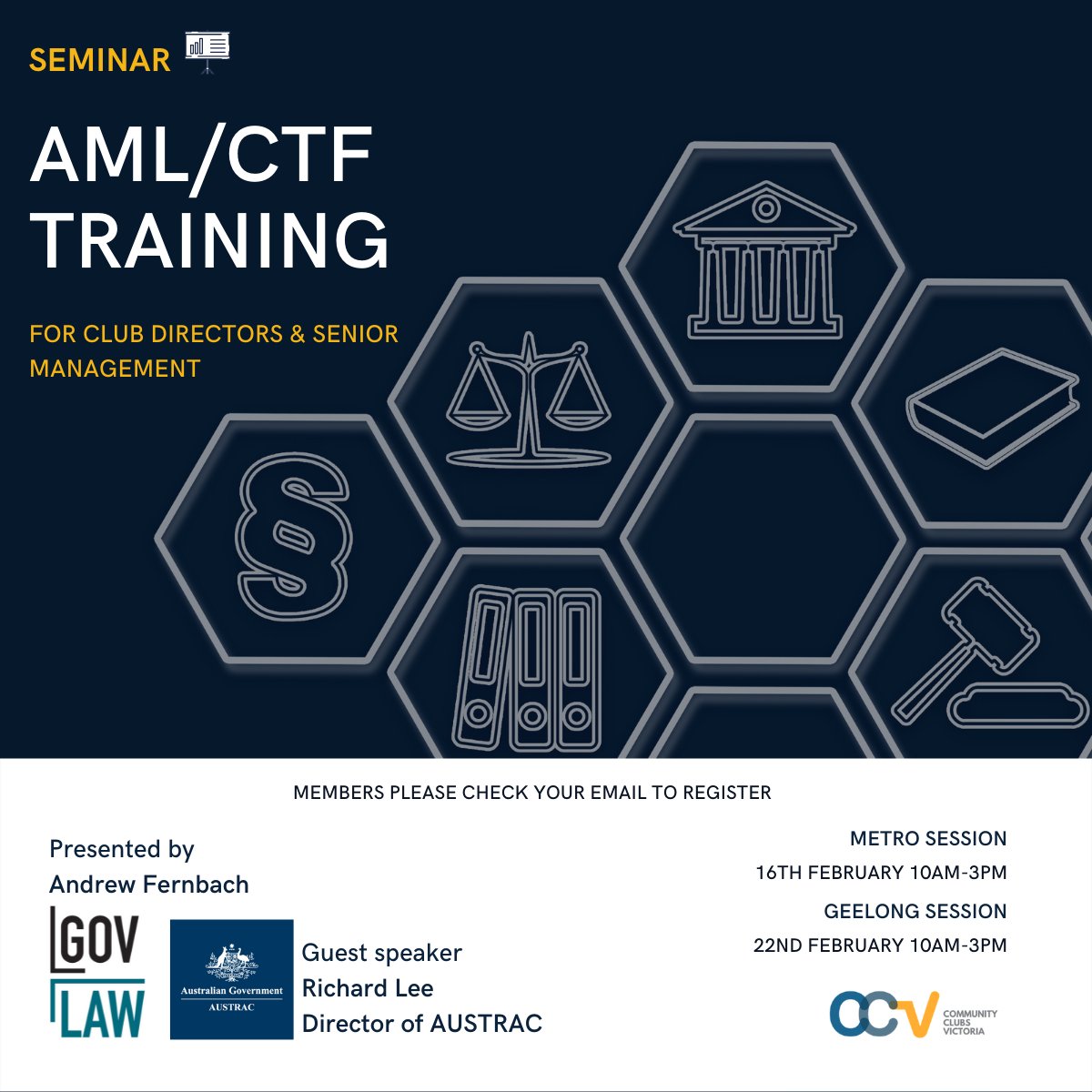 CommunityClubsV's tweet image. The AUSTRAC Compliance Report☑️due by the end of March 2022 will mean increased supervision of the club sector.The seminar will be delivered by Specialist Lawyer, Andrew Fernbach who has previously worked for AUSTRAC.
#AMLCTF #govlaw #AUSTRAC #compliance #seminar