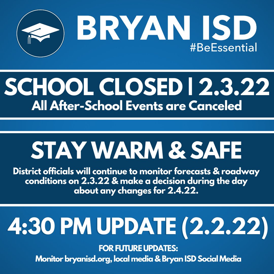 Due to the winter storm warning and forecasted icy conditions, Bryan ISD will be closed on Thursday, February 3, 2022, and all extracurricular activities are postponed. Bryan ISD will not need to make up this day.

More: facebook.com/BryanISD/posts…