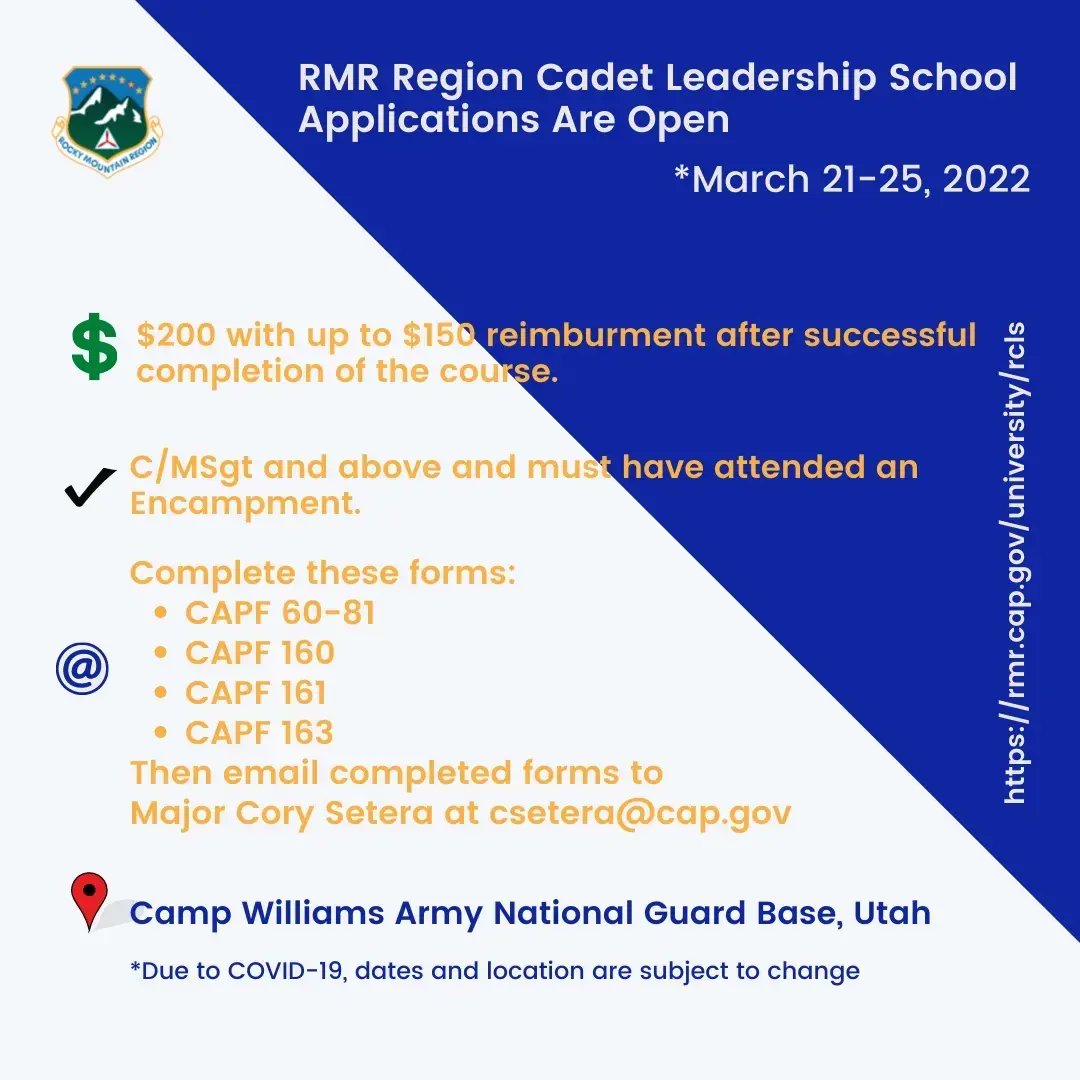 IdahoWingCAP's tweet photo. Hello cadets! @RMRCAP is hosting a Cadet Leadership School for Cadet Master Sergeants (and above) this spring, March 21-25, at Camp Williams Army National Guard Base in Utah. Apply today for your chance to earn the Ira C. Eaker Award and complete phase IV of the Cadet Program. https://t.co/CxKvLaEa0K