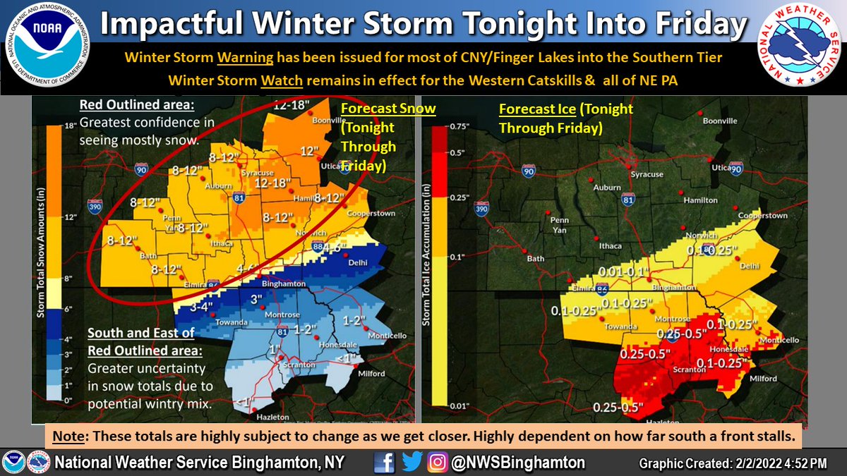 [5:40 PM EST] Forecast for the winter storm expected to impact central NY &amp; ne PA has been updated. Heavy snow still expected across CNY w/ a transition zone near the NY/PA border &amp; ice into ne PA. Check here for add'l info: tinyurl.com/7n77bj5s or weather.gov/bgm