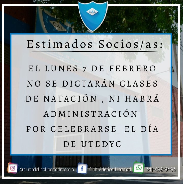 📢📢📢 ATENCIÓN 📢📢📢
👉🏽Lunes 7 de Febrero NO SE DICTARÁN CLASES DE NATACIÓN, ni habrá ADMINISTRACIÓN por celebrarse el día de UTEDYC.

#VamosLibertad 
#101años 
#NoHayUnClubSinOtroClub