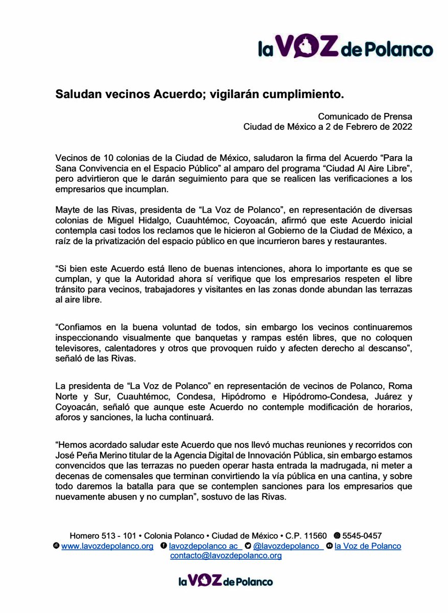 📍 COMUNICADO DE PRENSA 

Vecinos de 10 colonias de #CDMX saludamos Acuerdo “Para la Sana Convivencia en el Espacio Público” al amparo del programa “Ciudad Al Aire Libre”.
Daremos seguimiento para que se cumplan con las verificaciones a los restaurantes y bares que incumplan.