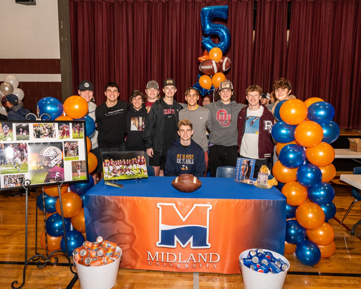 Mason Schuler, football signee with Midland University - Fremont, NE, and his Dragon football teammates. Round Rock High National Letter of Intent signees - 2/2/2022.  <a href="/RoundRockFB/">Round Rock Football</a> <a href="/varsity_news/">Varsity News</a> <a href="/RRLeaderSports/">RRLeaderSports</a> <a href="/AthleticsRRISD/">RRISD - Athletics</a> <a href="/FanstandATX/">FanstandATX powered by VYPE</a> <a href="/RoundRockISD/">Round Rock ISD</a> <a href="/MidlandU/">Midland University</a>