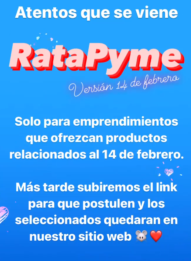 DescuentosRata's tweet photo. En minutos habilitaremos el formulario #RataPYME Especial día del amorssssssss 14 de febrero, para que le avisen a su emprendimiento favorito! 

Ahí daremos el link y todo. ¡Quedarán en nuestra web toda la semana! https://t.co/bcMG5r1zZj